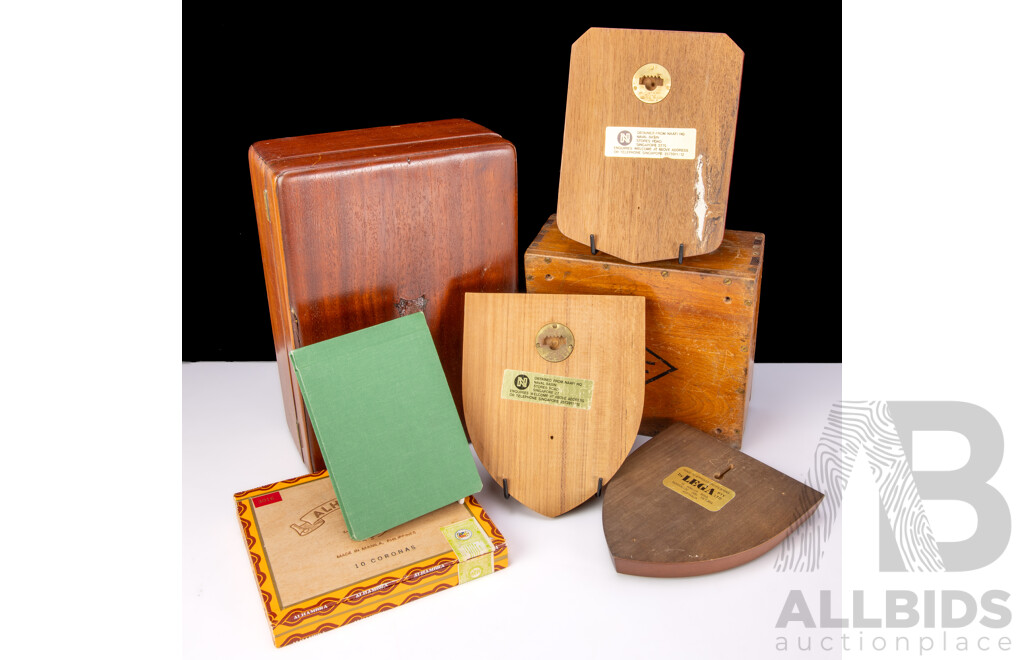 Antique Mahogany Box, Asian Military Box, Along with Collection Australian Army Insignia, Military Plaques and More