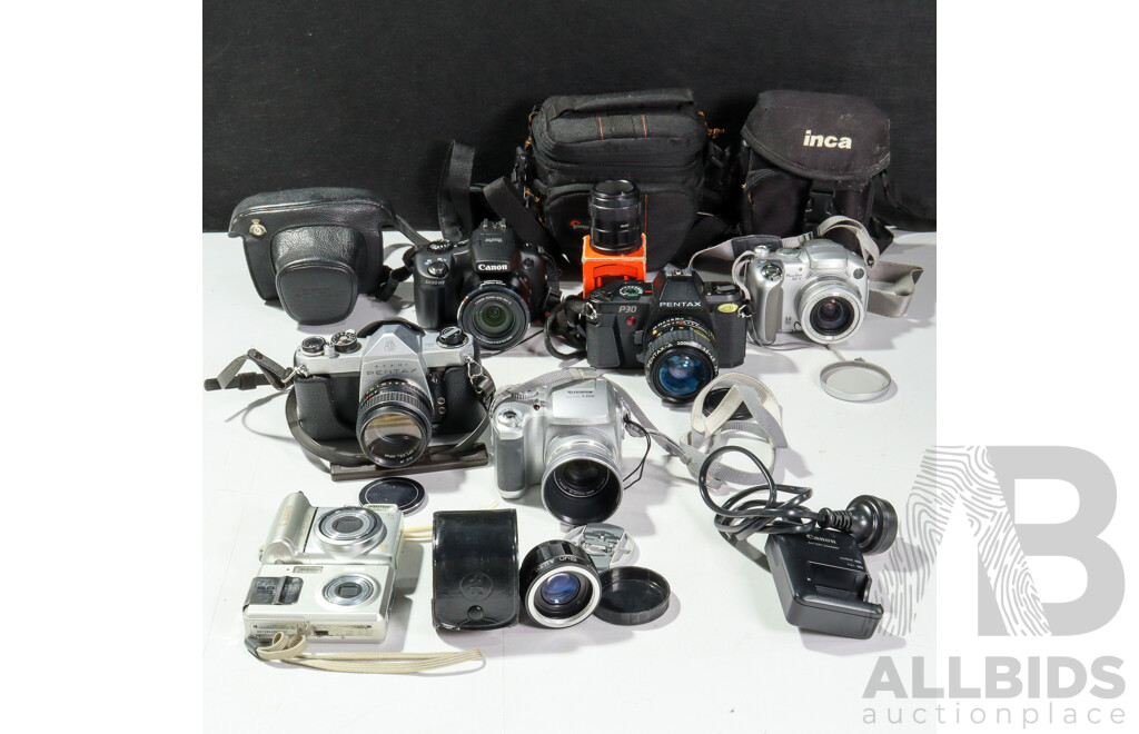 Collection Cameras Pentax P30, Asahi Pentax Sp1000 in Case Canon Powershot SX50Hs Digital in Soft Case and More
