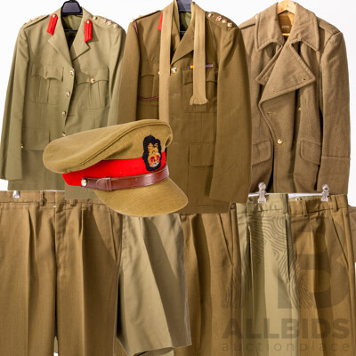 Vintage Australian & British Army Uniform with Two Jackets Each with Two Bath Stars to Epaulets,Two Sets Dress Trousers, Hat, Great Coat and More