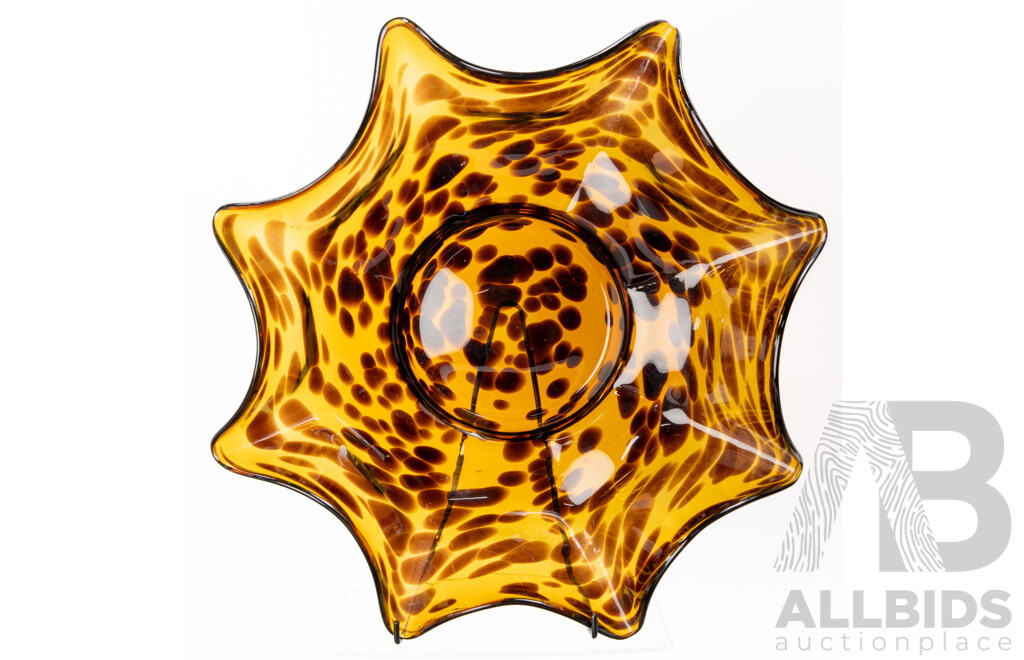 Large Amber Art Glass Dish with Mottled Detail and Fluted Form Along with Matching Charger