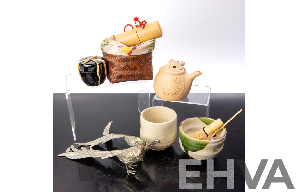 Collection Vintage Asian Souvenir Ware Including Japanese Pottery Teapot with Feature to Lid, Pair Metal Pheasant Figures, Hand Made Japanese Pottery Tea Cup, Bamboo Tea Whisk and More