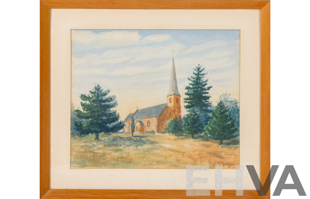 Ray Pelham Thorman AM (20th Century, Australian, 1928-2020), St. John the Baptist Church, Reid, ACT, Lovely Original Vintage Watercolour, 35 x 40 cm (frame)