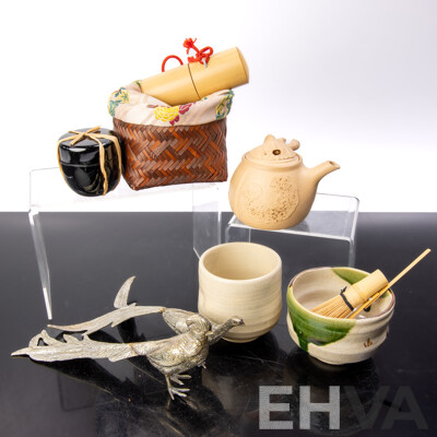 Collection Vintage Asian Souvenir Ware Including Japanese Pottery Teapot with Feature to Lid, Pair Metal Pheasant Figures, Hand Made Japanese Pottery Tea Cup, Bamboo Tea Whisk and More