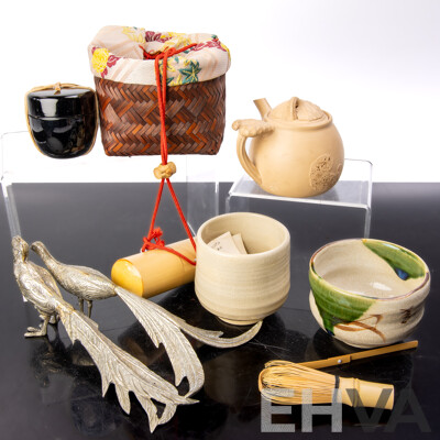 Collection Vintage Asian Souvenir Ware Including Japanese Pottery Teapot with Feature to Lid, Pair Metal Pheasant Figures, Hand Made Japanese Pottery Tea Cup, Bamboo Tea Whisk and More