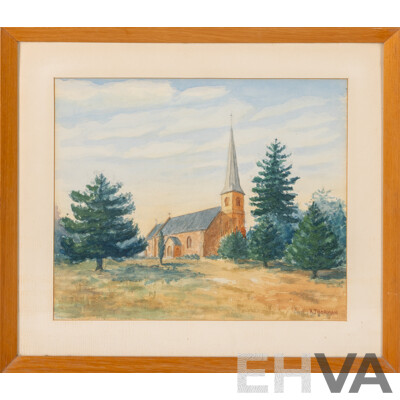 Ray Pelham Thorman AM (20th Century, Australian, 1928-2020), St. John the Baptist Church, Reid, ACT, Lovely Original Vintage Watercolour, 35 x 40 cm (frame)