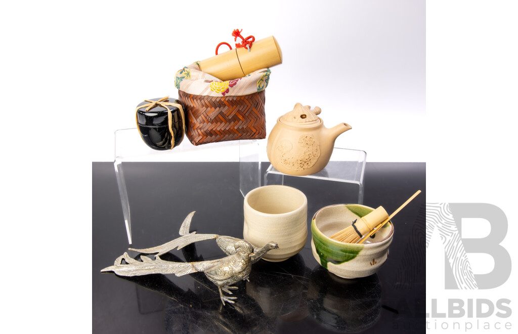 Collection Vintage Asian Souvenir Ware Including Japanese Pottery Teapot with Feature to Lid, Pair Metal Pheasant Figures, Hand Made Japanese Pottery Tea Cup, Bamboo Tea Whisk and More