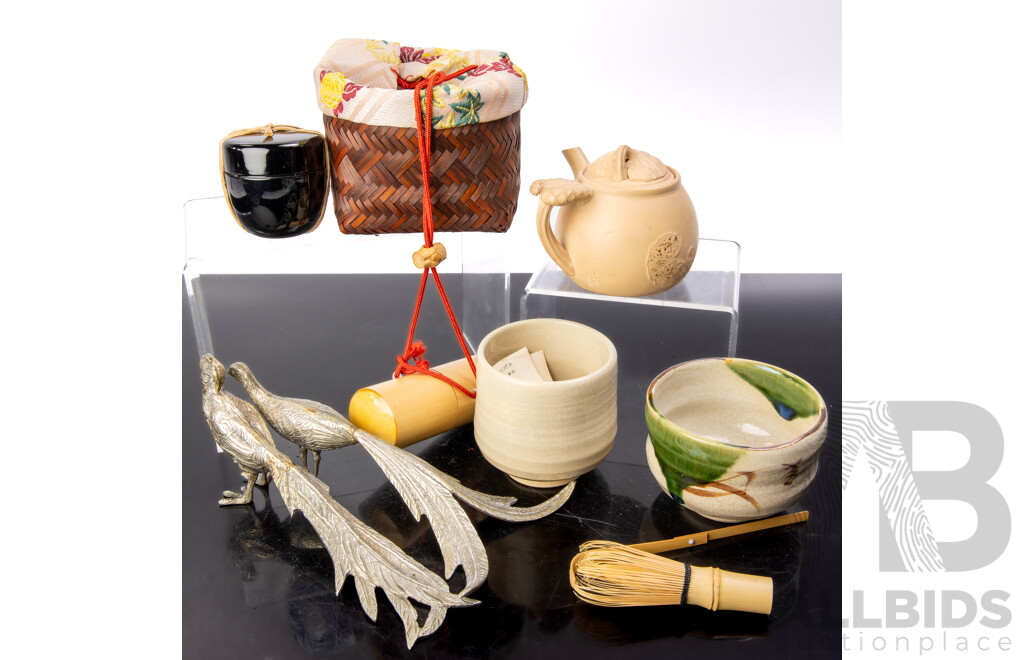 Collection Vintage Asian Souvenir Ware Including Japanese Pottery Teapot with Feature to Lid, Pair Metal Pheasant Figures, Hand Made Japanese Pottery Tea Cup, Bamboo Tea Whisk and More