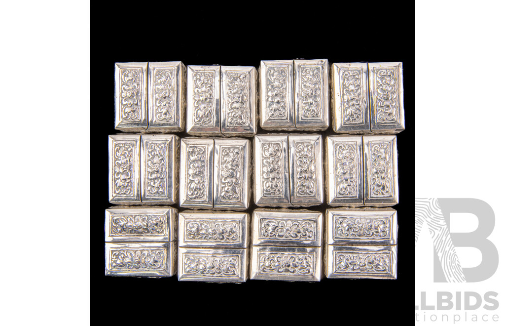 Set Twelve Cambodian .900 Silver Place Card Holders with Repousse Finish