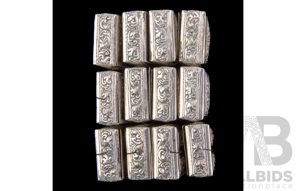 Set Twelve Cambodian .900 Silver Place Card Holders with Repousse Finish