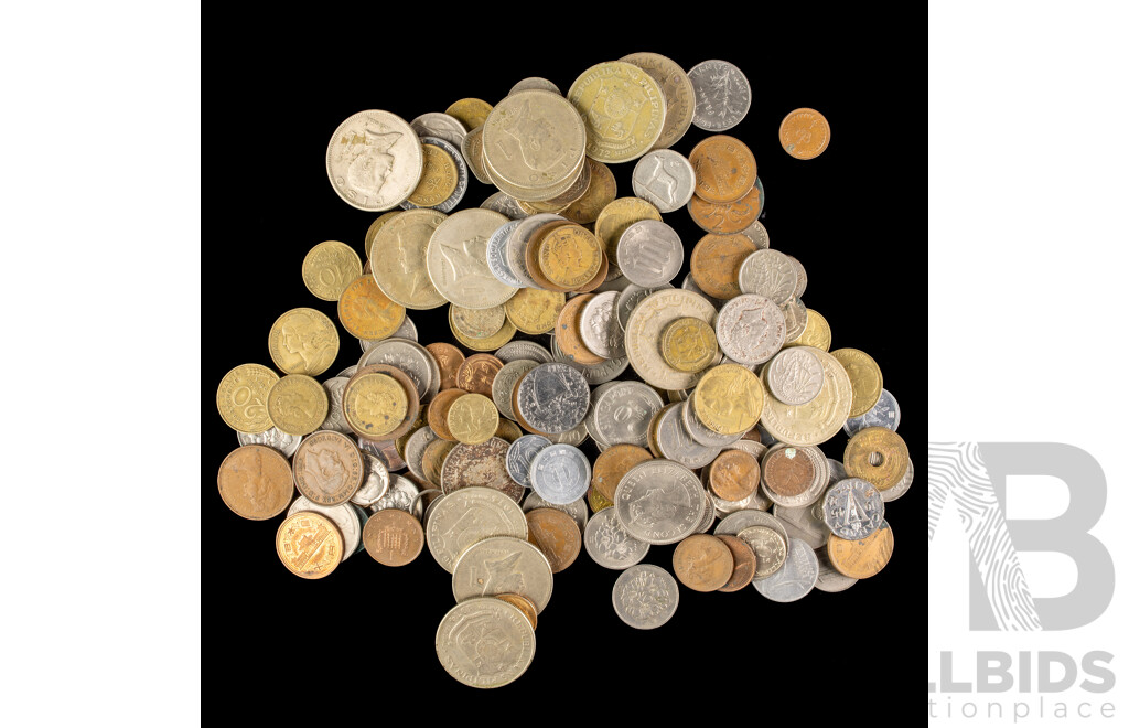 Collection of Vintage International Coins Including Australian 1942 Silver Threepence, Half Pennies, 150Th Anniversary Swan River Medallion, USA 1936 Silver Five Cents, France, Philippines, Italy, UK, Singapore, Hong Kong, Canada - Approximately 850 Grams