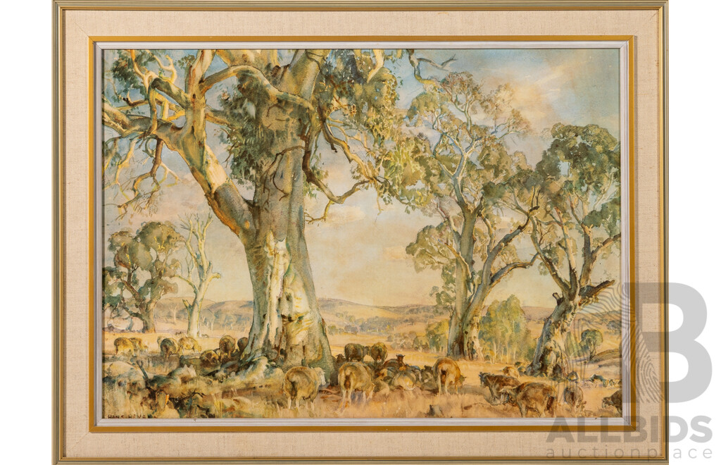 Hans Heysen, (20th Century, German-Born Australian), Rural Scene, Quality Print of Original Watercolour, 48 x 63 cm (frame)