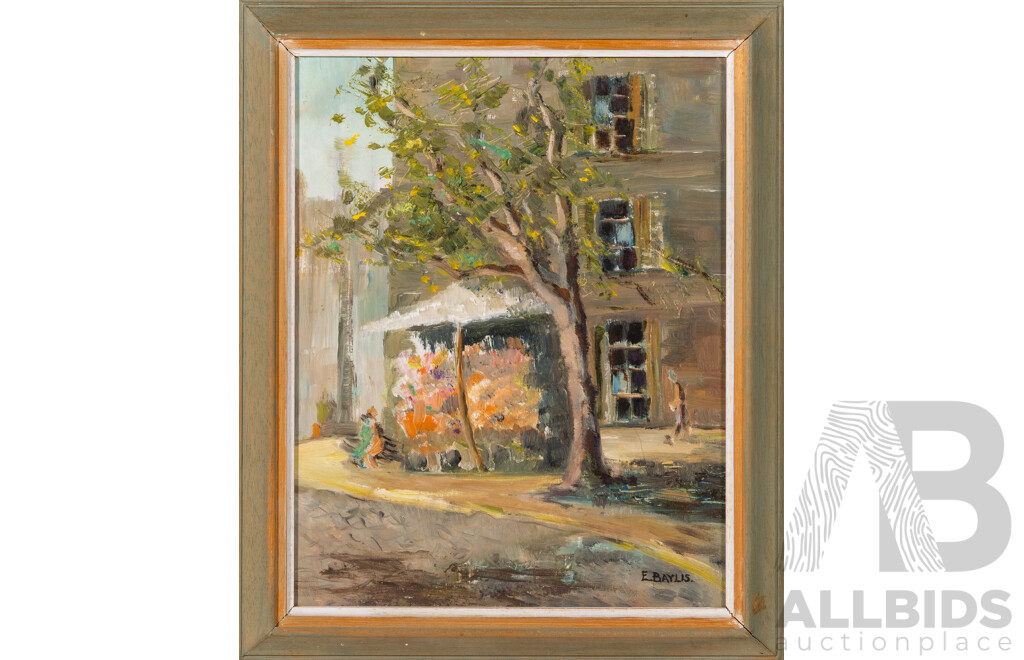 Ester Baylis, (20th Century, Australian, 1898-1990), Quiet Street Corner, Original Oil on Masonite, 33 x 28 cm (frame)