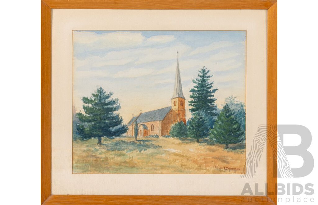 Ray Pelham Thorman AM (20th Century, Australian, 1928-2020), St. John the Baptist Church, Reid, ACT, Lovely Original Vintage Watercolour, 35 x 40 cm (frame)