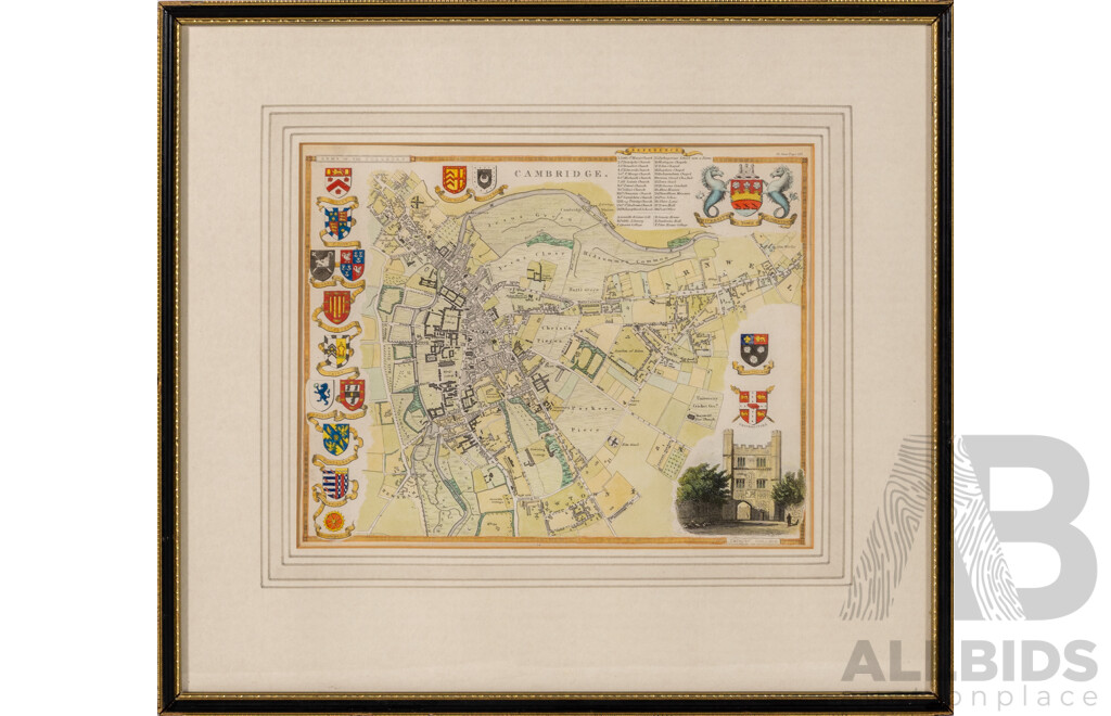 Artist Unknown, (19th Century, British, c1836), Arms of the Colleges, Cambridge, Genuine Antique Hand-Coloured Engraving, 36 x 40 cm (frame)