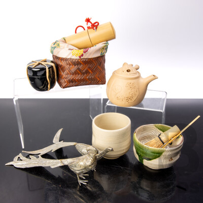 Collection Vintage Asian Souvenir Ware Including Japanese Pottery Teapot with Feature to Lid, Pair Metal Pheasant Figures, Hand Made Japanese Pottery Tea Cup, Bamboo Tea Whisk and More