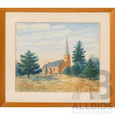 Ray Pelham Thorman AM (20th Century, Australian, 1928-2020), St. John the Baptist Church, Reid, ACT, Lovely Original Vintage Watercolour, 35 x 40 cm (frame)