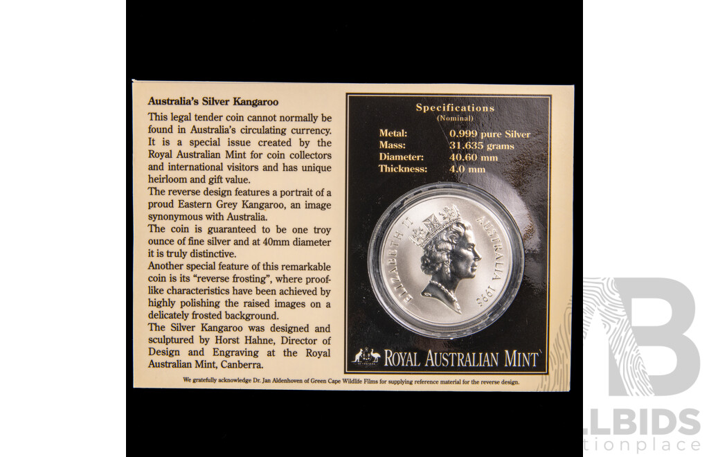 Australian 1995 RAM  Silver Kangaroo. One Troy Ounce Fine Silver