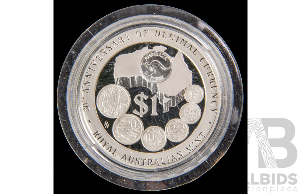 Australian 1996 One Ounce Fine Silver One Dollar Coin. 30 Years Decimal Currency .Number 1186.
