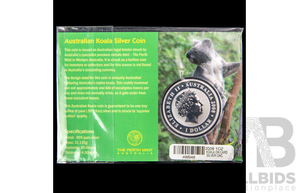 Australian 2008 Perth Mint 31g fine silver Koala coin.