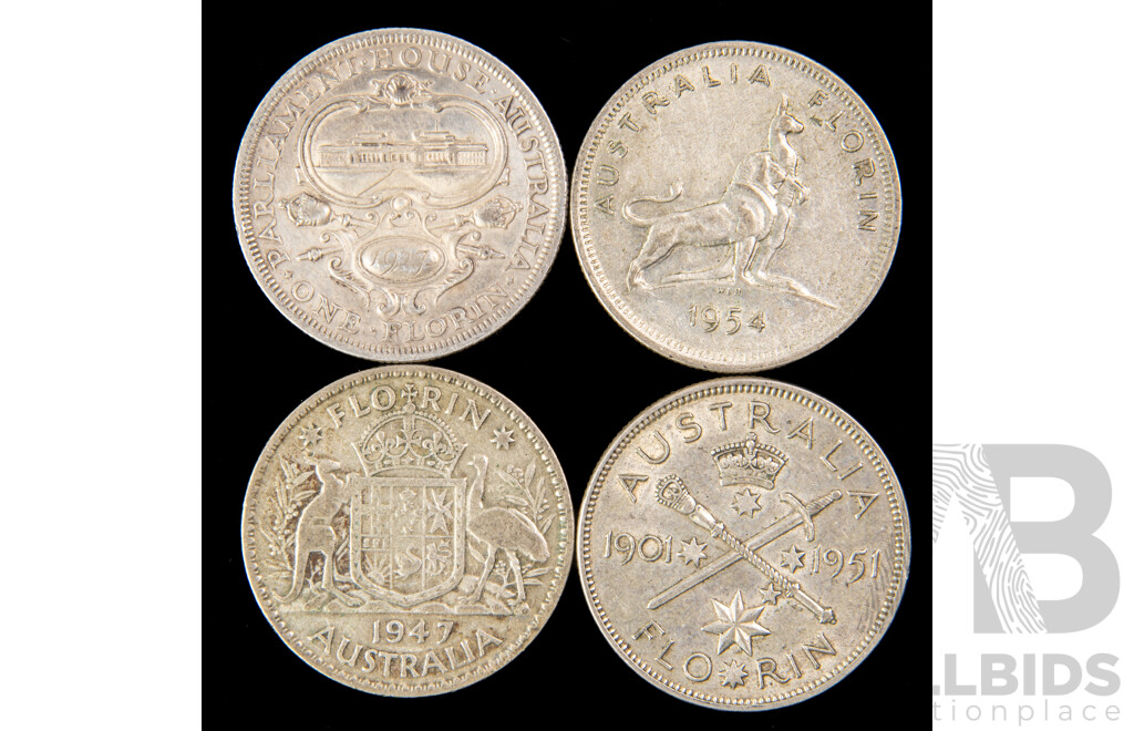 Australian 1927 1951 1954 and 1947 florins.