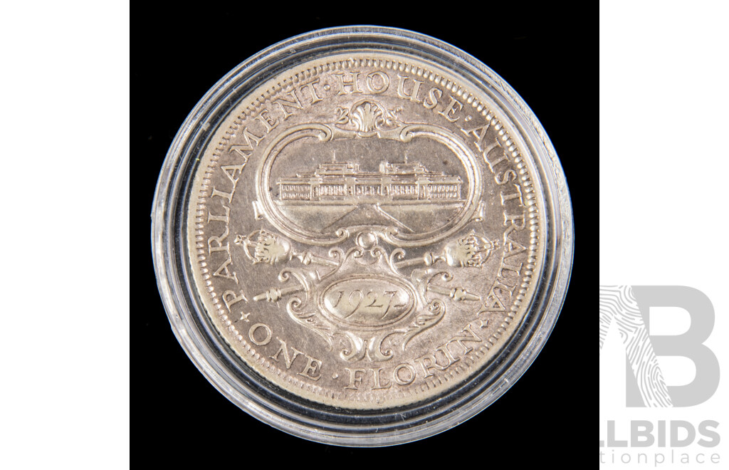 Australian 1927 a/UNC Canberra florin.