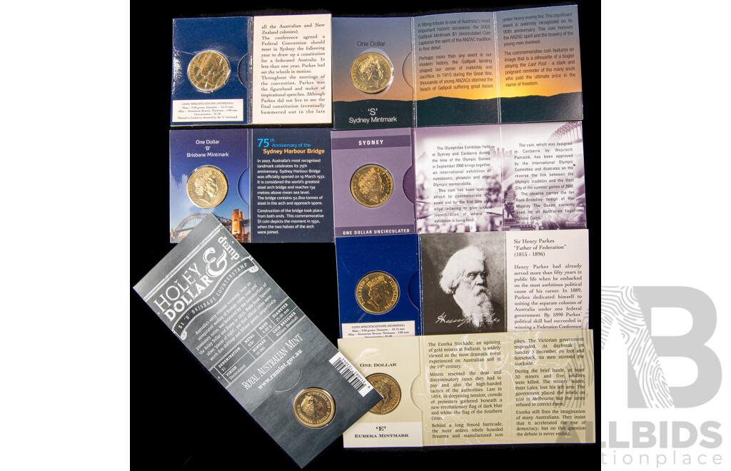 Seven Australian assorted commemorative $1 coins.