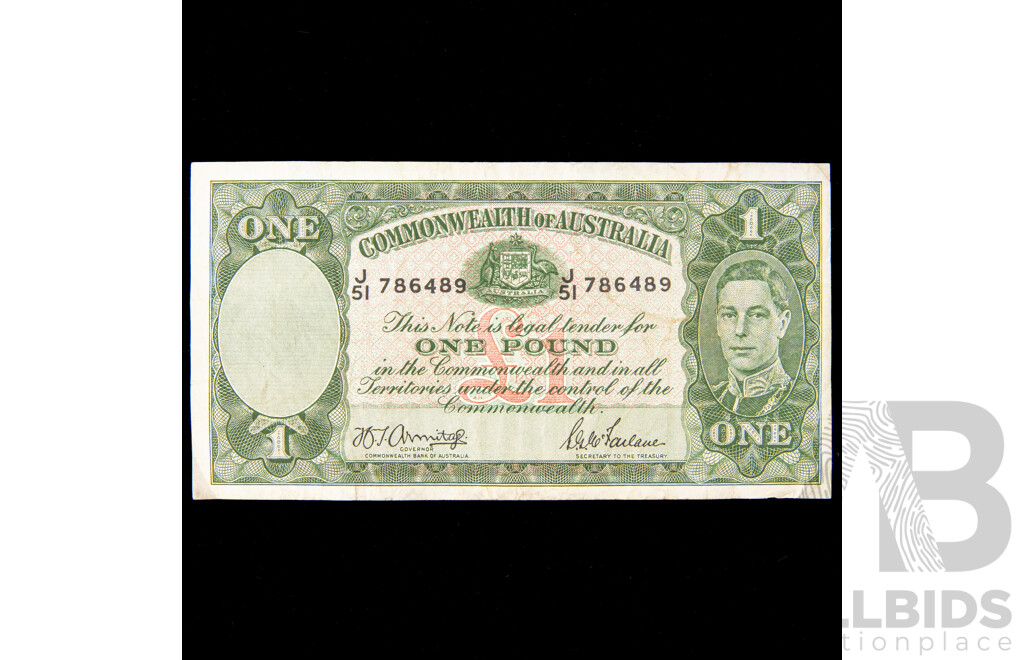 Australian 1942 Armitage McFarlane one pound note. J51786489. R30a.