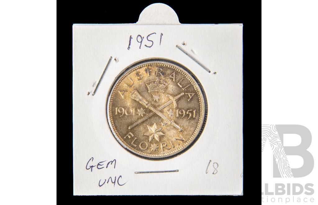 Australian 1951 Jubilee florin. High Grade Gem UNC.