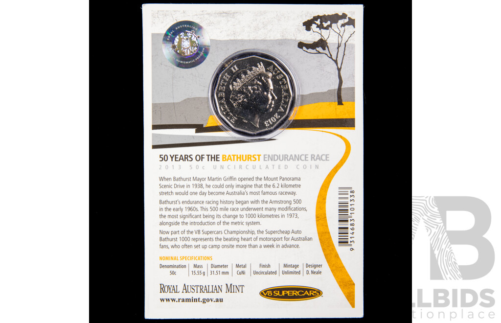 Australian 2013 Bathurst fifty cent coin. 50 years Bathurst racing.