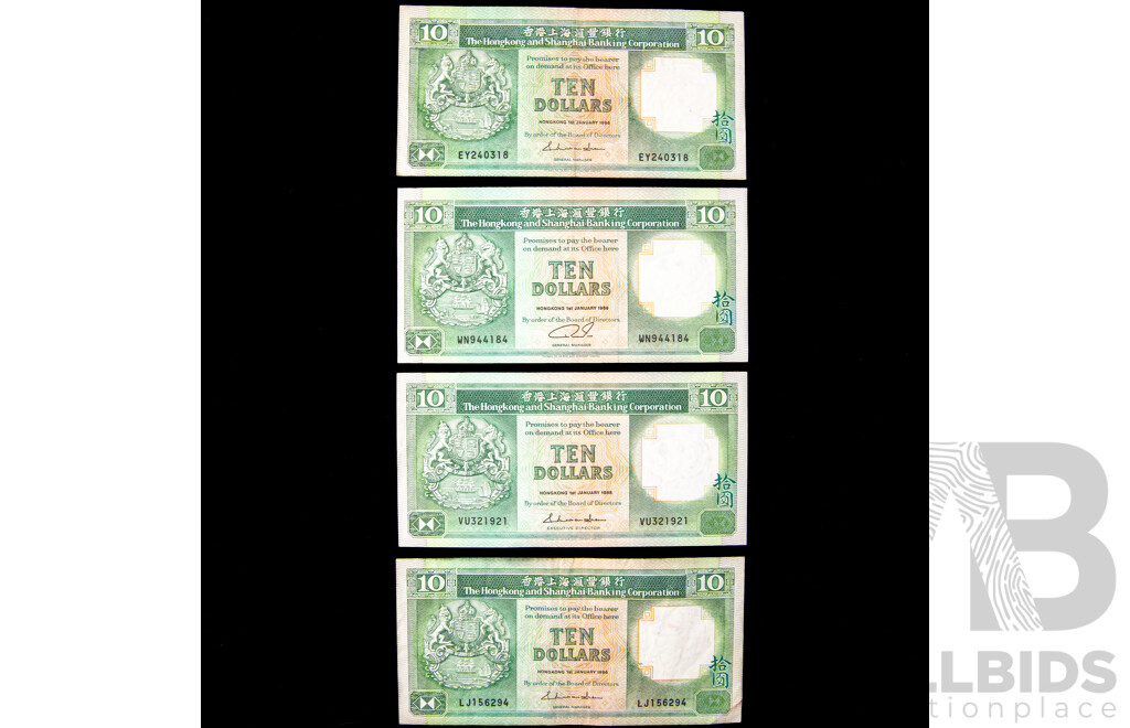 Hong Kong ten dollar notes 1986, 1988 and 1989 
