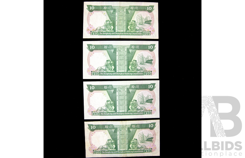 Hong Kong ten dollar notes 1986, 1988 and 1989 
