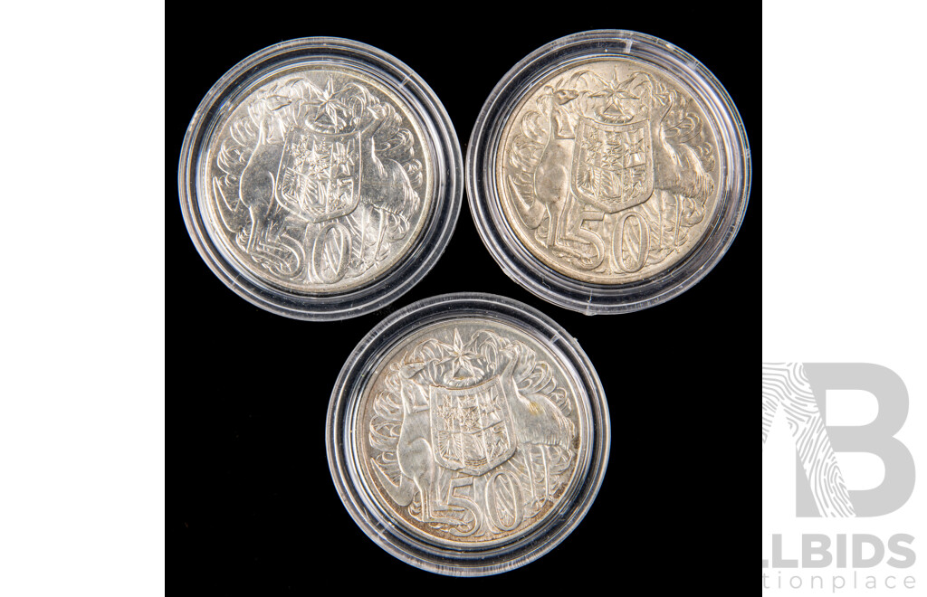 Three Australian 1966 UNC fifty cent coins