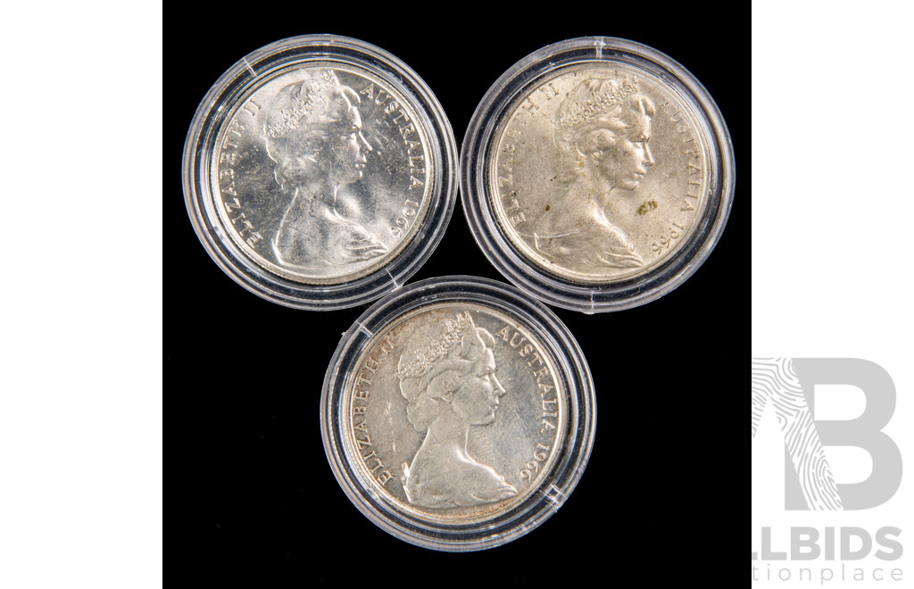 Three Australian 1966 UNC fifty cent coins