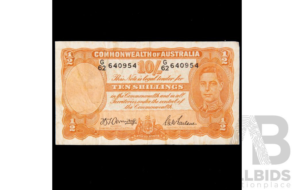Australian 1942 Armitage McFarlane Ten Shilling note, G62 640954, R13.