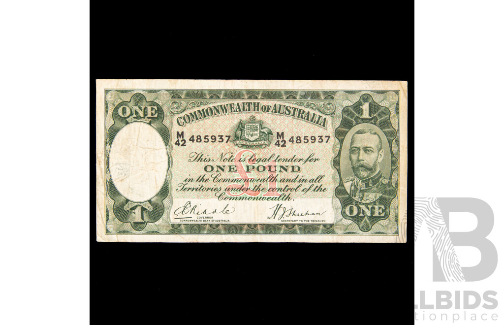 Australian 1933 Riddle Sheehan One Pound note, M42 485937, R33.