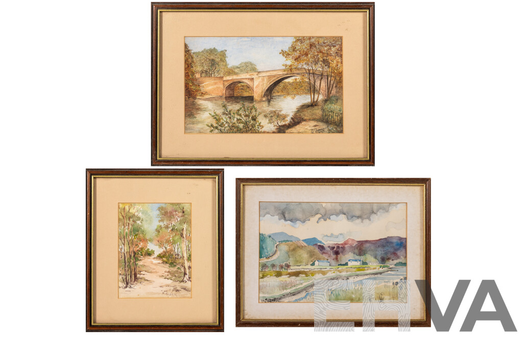 M. Hobbie & N. Chamberlain & Artist Unknown (Early 20th Century), the Path, the Bridge & Houses, Lovely Trio of Antique Miniature Watercolours, 23 x 32 cm (largest frame) (3)