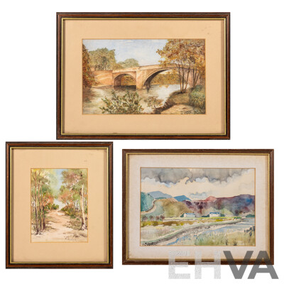 M. Hobbie & N. Chamberlain & Artist Unknown (Early 20th Century), the Path, the Bridge & Houses, Lovely Trio of Antique Miniature Watercolours, 23 x 32 cm (largest frame) (3)