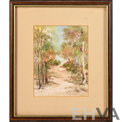M. Hobbie & N. Chamberlain & Artist Unknown (Early 20th Century), the Path, the Bridge & Houses, Lovely Trio of Antique Miniature Watercolours, 23 x 32 cm (largest frame) (3)