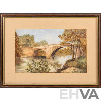 M. Hobbie & N. Chamberlain & Artist Unknown (Early 20th Century), the Path, the Bridge & Houses, Lovely Trio of Antique Miniature Watercolours, 23 x 32 cm (largest frame) (3)