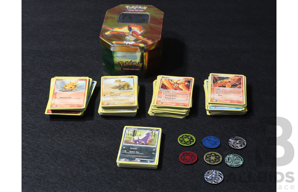 Collection of English Pokemon Trading Cards with Tin
