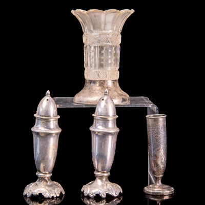 Pair Vintage Sterling Silver .950 Salt Shakers, Sterling Silver Vase, Birmingham 1907, Small Glass Vase with Sterling Silver Base
