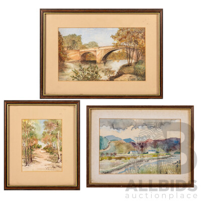 M. Hobbie & N. Chamberlain & Artist Unknown (Early 20th Century), the Path, the Bridge & Houses, Lovely Trio of Antique Miniature Watercolours, 23 x 32 cm (largest frame) (3)