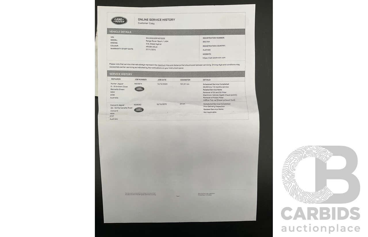 6/2015 Land Rover Range Rover Sport SDV6 HEV HSE Hybrid LW MY15.5 4d Wagon Aruba Gold Metallic 3.0L / 35kw Hybrid