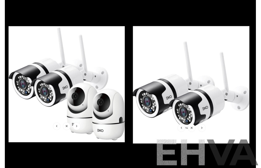 EKO Outdoor Wi-Fi Security Camera - 2 Pack and EKO Indoor/Outdoor Wifi Security Camera - 4 Pack - Lot of 2 - ORP $328
