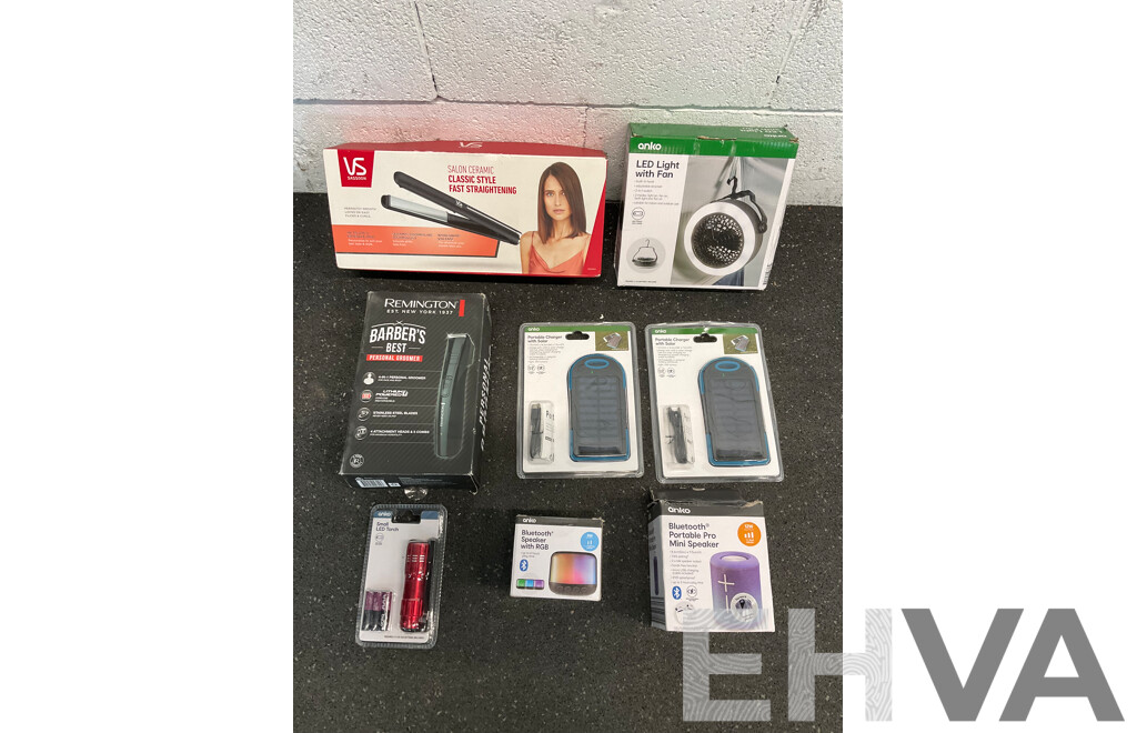 Assorted Usefull Items, Including VS Straightener, REMINGTON Groomer, ANKO Speakers, Fan, Torch and Solar Charger - Lot of 8