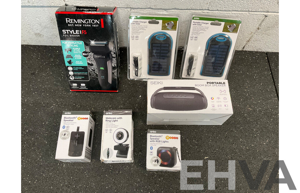 Assorted Usefull Items, Including REMINGTON Shaver, SEIKI Speaker ANKO Speakers, Webvcam and Solar Charger - Lot of 7