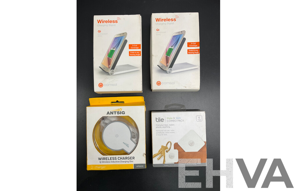 COMSOL Wrieless Charging Stand (x2), ANTSIG Wireless Charger and TILE Tracker - Lot of 4
