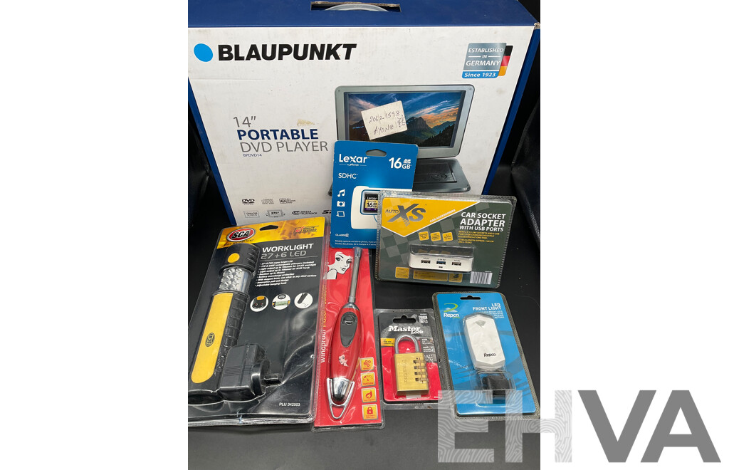 Assorted Useful Gadgets, Including BLAUPUNKT Portable DVD Player, Master Lock, SCA Worklight, Lexar 16GB SDHC Card and More  - Lot of 7
