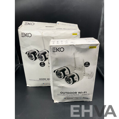 EKO Outdoor Wi-Fi Security Camera - 2 Pack and EKO Indoor/Outdoor Wifi Security Camera - 4 Pack - Lot of 2 - ORP $328