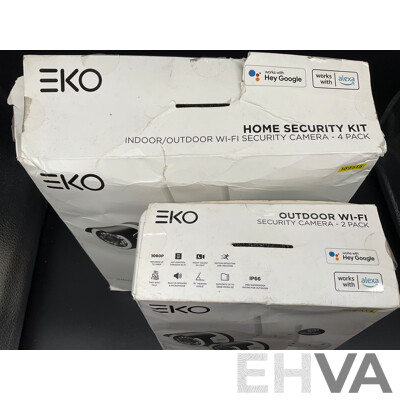 EKO Outdoor Wi-Fi Security Camera - 2 Pack and EKO Indoor/Outdoor Wifi Security Camera - 4 Pack - Lot of 2 - ORP $328